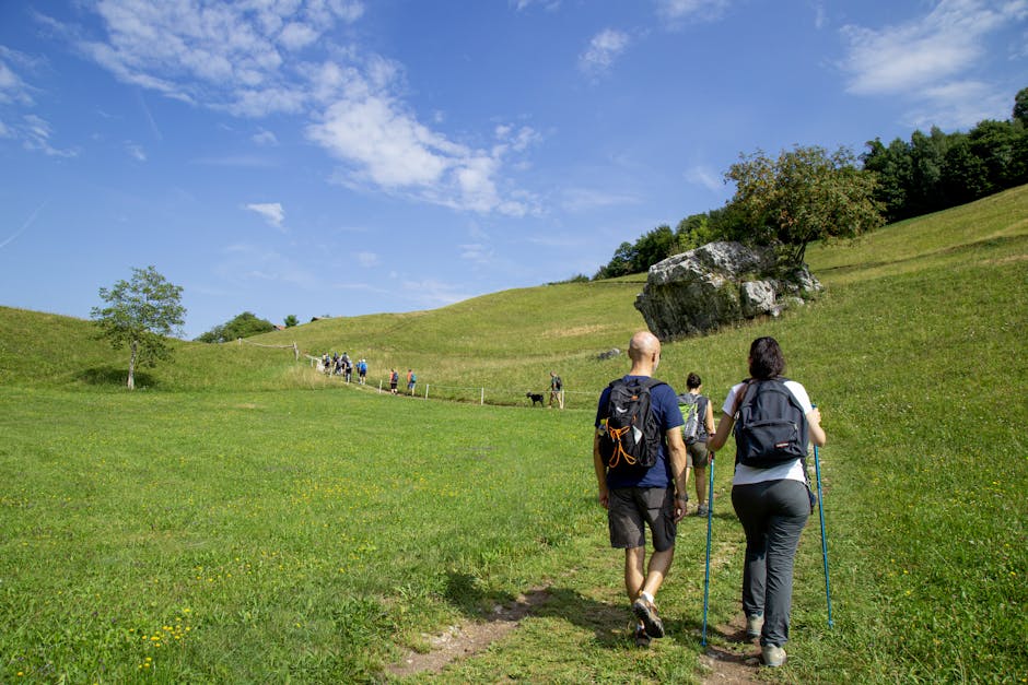 Couple with backpacks hiking on green grassland path