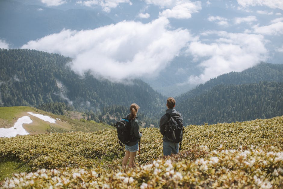 Two hikers with backpacks admire a stunning mountain landscape